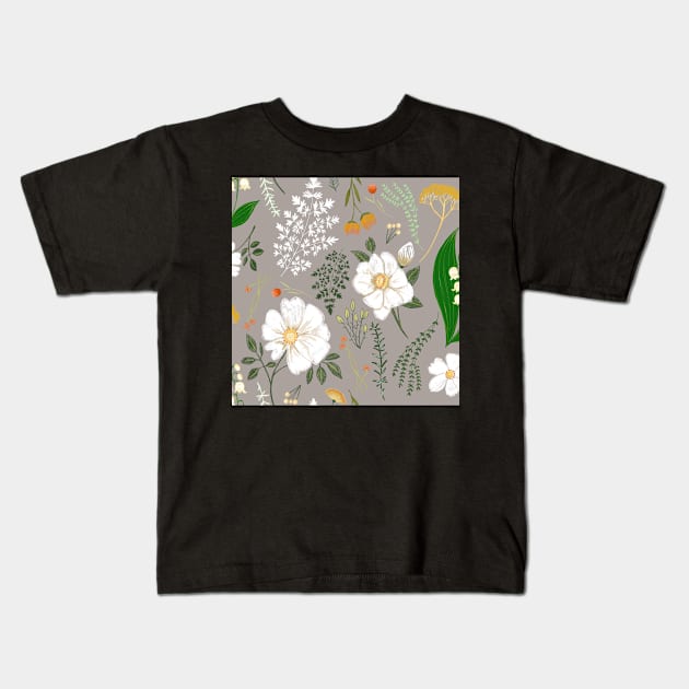 Garden florals on soft grey. Kids T-Shirt by Papergrape